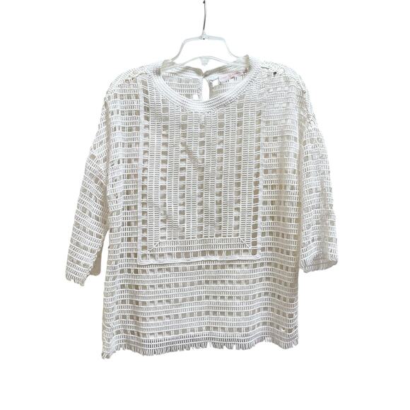 Tory Burch Ivory Open Knit Crochet Lace Short Sleeve Top Size Medium - Picture 2 of 14